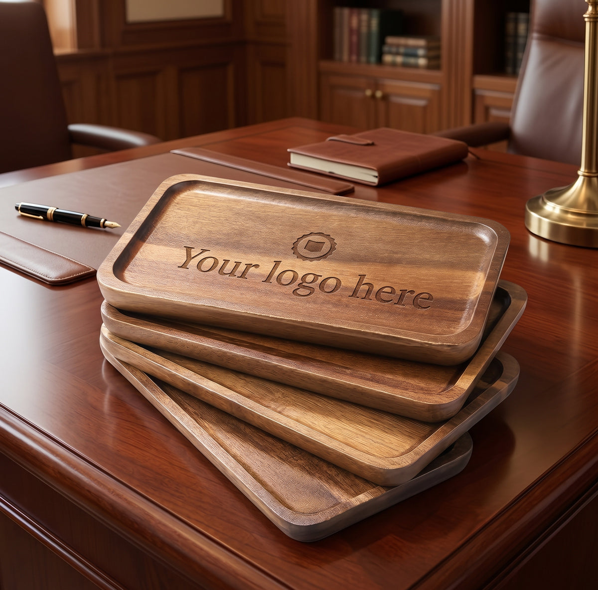 Personalized Acacia Wood Valet Tray - Custom Engraved Desk Organizer