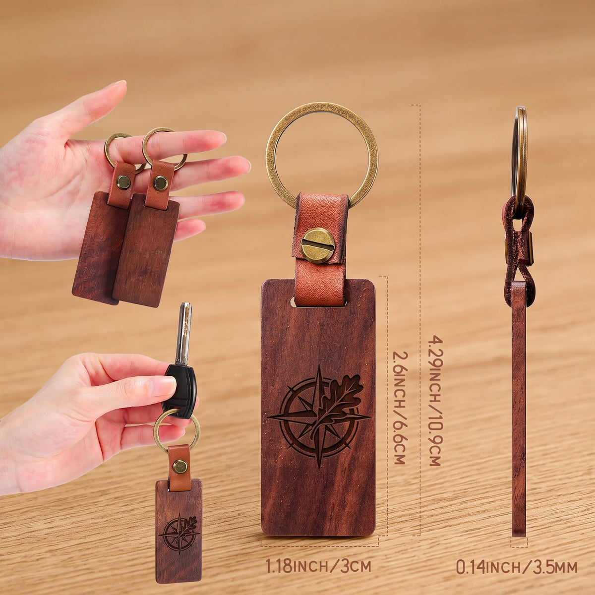 Custom Logo Walnut Wood & Leather Keychains | Bulk Orders
