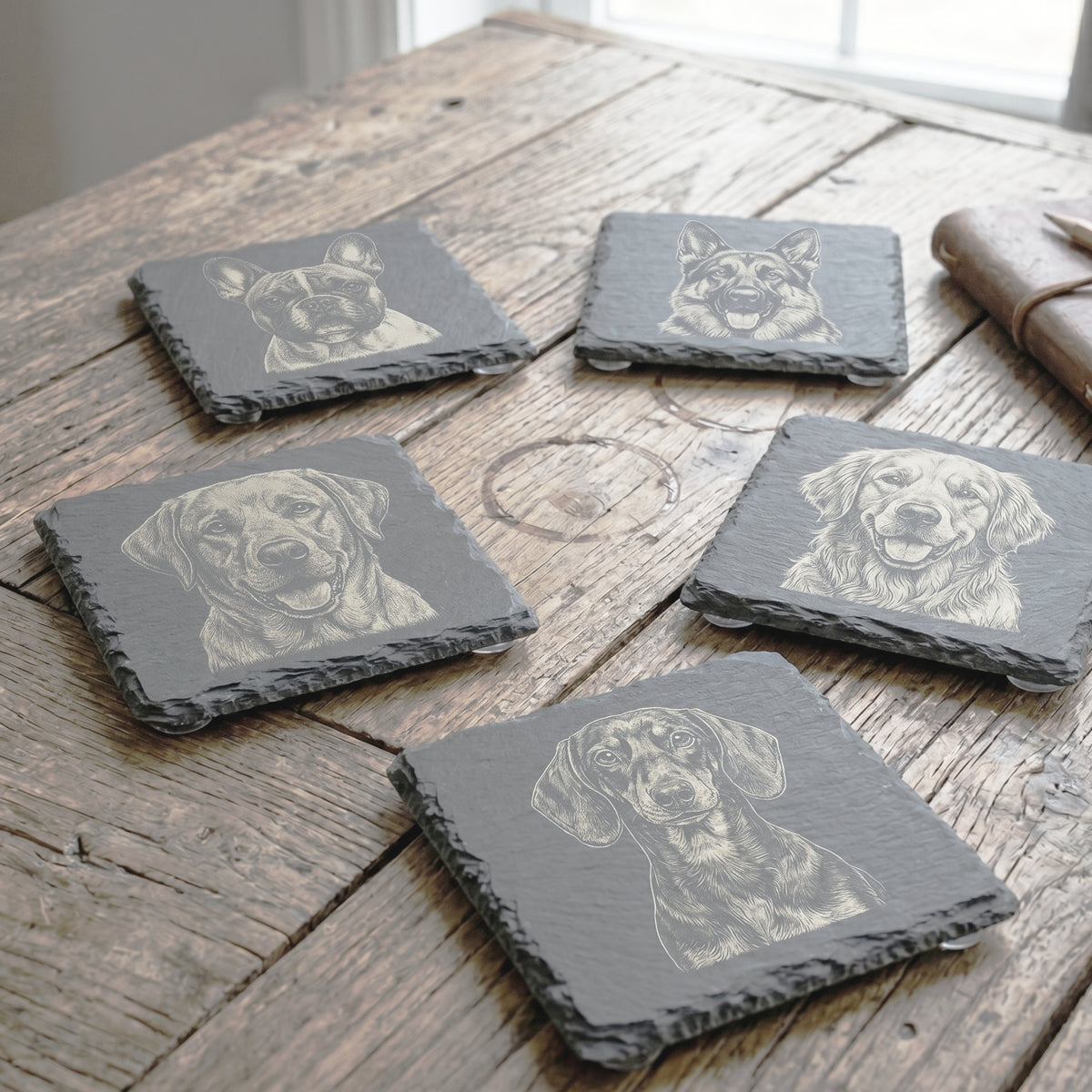 Personalized Natural Slate Coaster Set - Custom Engraved Stone Coasters
