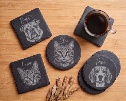 Personalized Natural Slate Coaster Set - Custom Engraved Stone Coasters