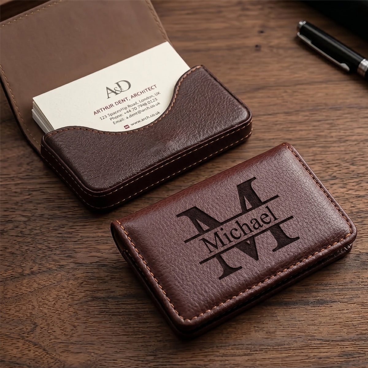 Custom Laser Engraved Leather Business Card Holder | Personalized Magnetic Card Case