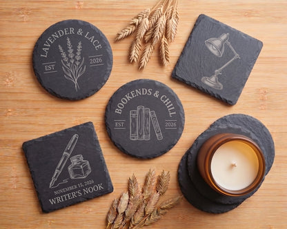 Personalized Natural Slate Coaster Set - Custom Engraved Stone Coasters